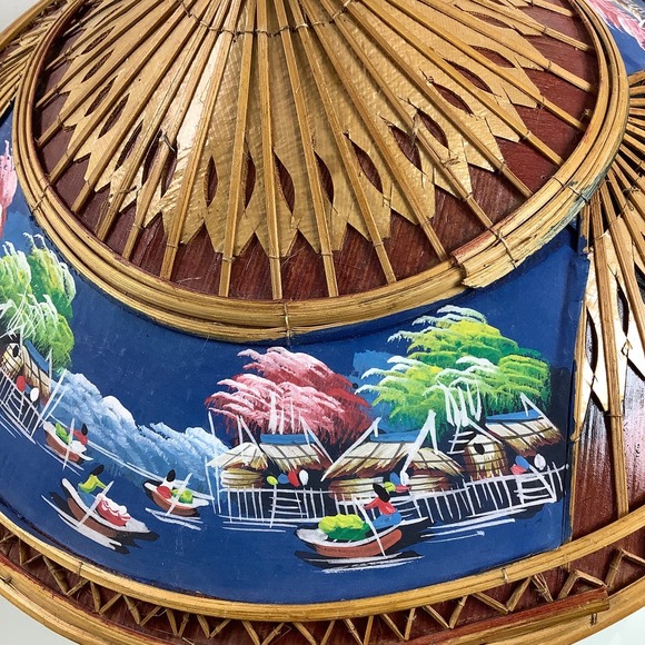 VTG Asian Wicker Bamboo Hat hand painted Gardening Beach Field Handmade SZ OSFM main image 10